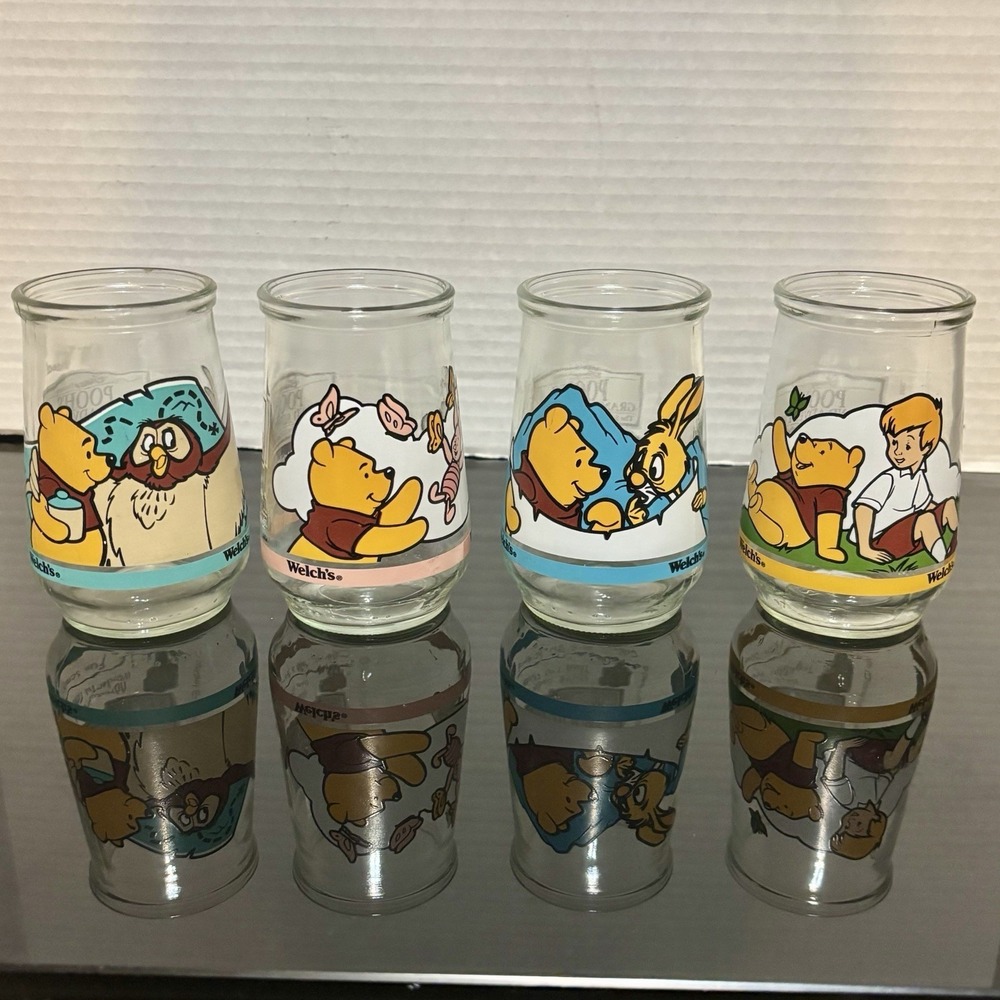 Vintage 1997 Lot of 4 Welch's Jelly Jar Glass Disney Winnie The Pooh & Friends
